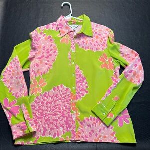 Lilly Pulitzer Silk Floral Button Down Blouse Green Pink Size M